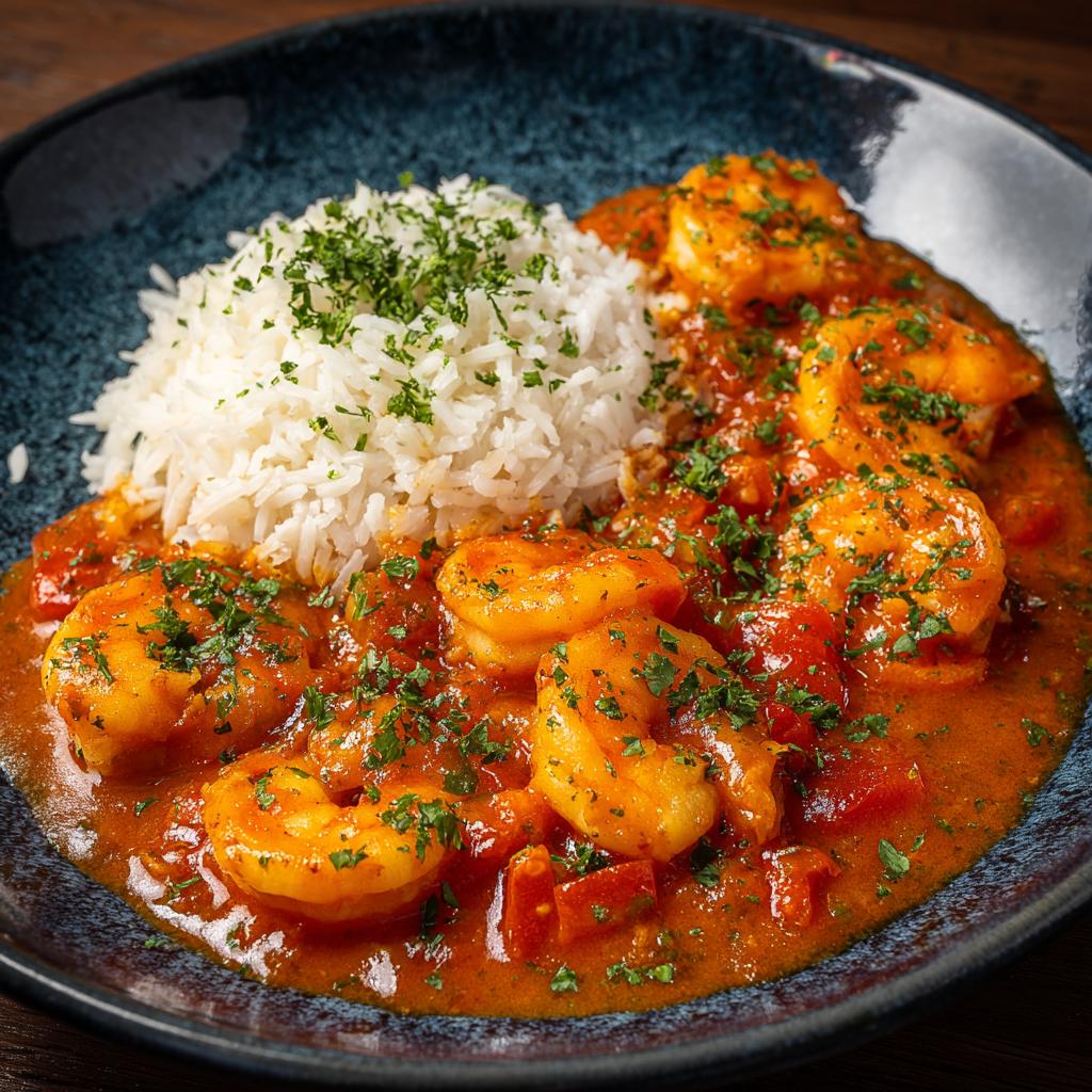Garnalen in Tomaten-kerriesaus met Rijst