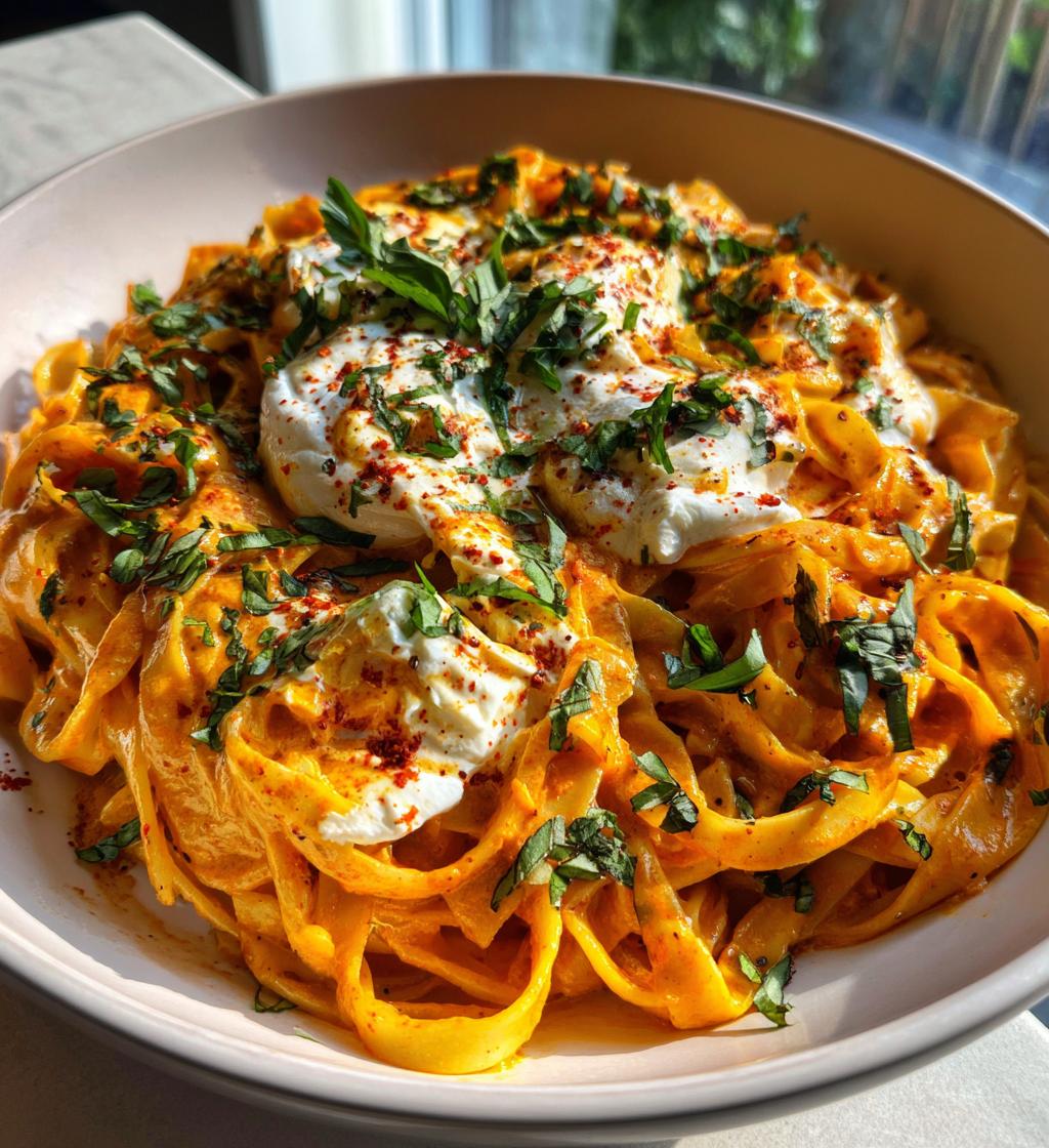 creamy red pepper pasta with burrata and herbs - detail 1