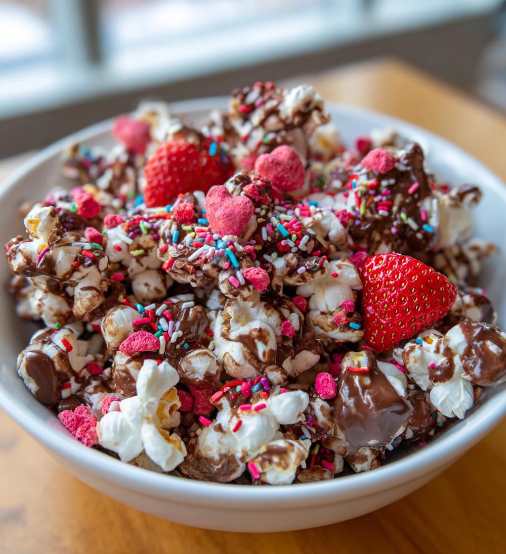 chocolate-strawberry valentine popcorn munch