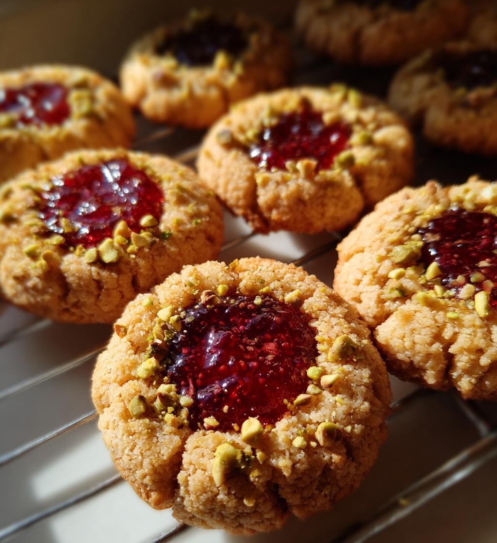 pistachio raspberry thumbprint cookies