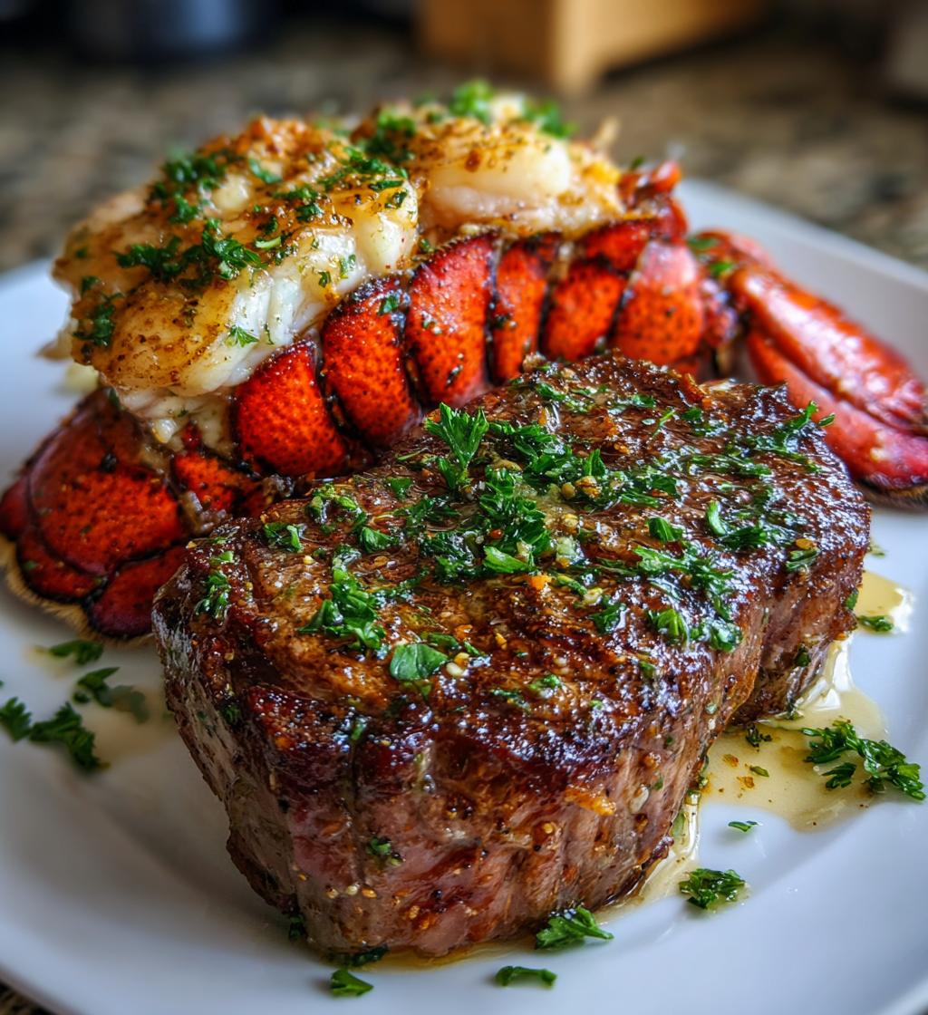 steak and lobster plating